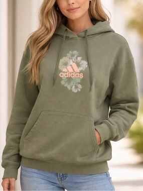 Adidas Women's XL Olive Green Floral Logo Hoodie Sweatshirt Logo Pullover